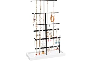 Casiwaft Jewelry Stand Holder, 6 Tiers Hanging Jewellery Organizer Stand with Wood Tray Base, Tabletop Necklace Holder, Earring Organizer Jewelry Tower Tree for Bracelet Display, Black