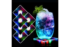 MEDOYOH 6er-Set Quadratisch Bunt LED Untersetzer für Getränke, ON/Off Wasserdicht Acryl Getränke Untersetzer Leuchtende für Gläser Flaschen Partys Hochzeiten Bar Weihnachten