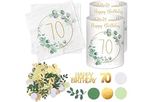 LUCKEEY 20 Stück Servietten 70 Geburtstag+ 12 Windlicht Tischdeko + 100 Konfetti Deko Grün, Eukalyptus Tisch Deko 70 Jahre, Geschenke zum 70 Geburtstag Frau Mann