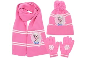 LKNBIF Fr-ozen Kids Winter Warm Beanie Hat Scarf Gloves Set, Fr-ozen Kids Hat Scarf Gloves Set Children's Warm Scarves Hats Gloves Children Winter Scarf Knitted Hat Set for Children Aged 2-8