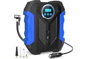 Skeufy Tyre Inflator, 12V Car Tyre Inflator, 150 PSI Digital LCD Display Electric Tyre Pump, Auto Shut Off Feature, LED Flashlight - 3 Nozzles Suitable for Car, Bicycle, Motorcycle-BLUE