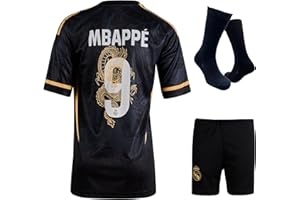 Qycksouth Mbappe R.Madrid Nr 9 Drache Retro Limitierte Auflage, Schwarz Trikot für Kinder und Shorts Sporttrikot, Fußballtrikot Trainingstrikots, Kinder Trikot Mit Kurz Fußballfans (4-13 Jahre)