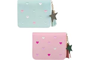 YFPOPONE 2 małe portmonetki damskie, PU, mini portfel damski, miękki portfel dla dzieci, dziewczynek, miękki portfel dziecięcy z zamkiem błyskawicznym, haftowany, prezent urodzinowy (niebieski, różowy),