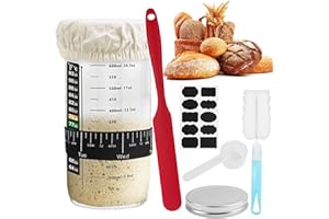 DONQL Barattolo per Lievito Madre in Vetro, 730ML Starter Kit di Lievito, Contenitore Lievito Madre di Vetro con Termometro, Raschietto in Silicone, Misurino, Kit Lievito Madre per Panificazione Casa