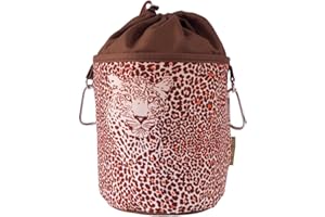 bellaCott Sac à pinces à linge portable en coton avec 2 mousquetons solides, fermeture à cordon et stoppeur en métal pour ranger les pinces à linge - Motif léopard marron/orange/beige