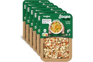 Trevijano Soupe Julienne: 6 barquettes de 100g chacune (600g de légumes déshydratés). Barquette: 8 portions de soupe mélange de carotte, pomme de terre, panais, poireau, oignon,chou,céleri et persil.