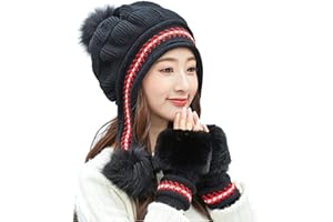 Vohoney Womens Winter Hat and Glove Sets Knitted Beanie with Ear Flaps and Faux Fur Fingerless Mittens for Ladies Girls