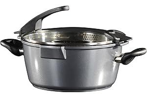 STONELINE Future Marmite de Cuisine 24 cm, Marmite à Rôtir, Avec Couvercle en Verre Passoire et 2 Becs Verseurs, adapté à l'Induction, Revêtement Antiadhésif avec de vraies particules de pierre
