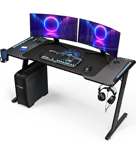 Bureau Gaming 140cm Ergonomique - Forme T Avec Tapis Souris, Porte-gobelet Et Crochet Casque