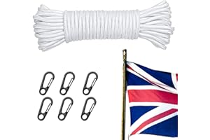 BODESHIS Flag Pole Rope with Flag Pole Clip, 50FT/ 16M Nylon with 6 Pcs Flag Pole Clip Hooks, Flag Pole Halyard Rope Kit, Nylon Cord for Outdoor, Camping, Swing, Clothesline, Garden(White)