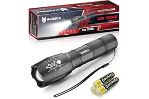 Maxesla Lampe Torche LED 2000 Lumens, 2024 Lampe Torche LED Super Lumineuse, Puissante Alimentée par Pile, Zoomable, Résistante à l'eau, IP65 Lampe de Poche Tactique, Camping en Plein Air, 3 Piles AAA