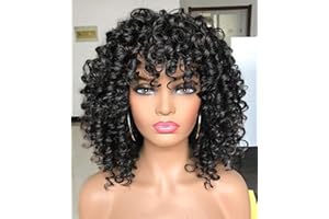 PRETTIEST Peluca afro rizada de 14 pulgadas para las mujeres peluca de pelo afro rizado corto con flequillo sintético resistente al calor peluca completa (negro)
