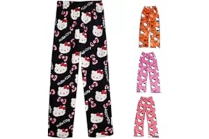 PUANDWU Pyjama Hose Damen,Halloween Pyjamas Hosen Lang Flanell PyjamasHose Schlafanzug Weich Kawaii Pyjamas Hose Anime Bequeme Schlafanzughose Cartoon Casual Schlafhose Herbst-Winter