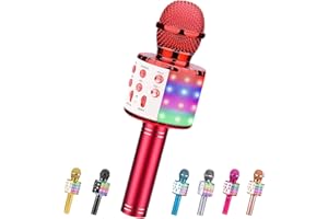 ShinePick Microfono Karaoke Bluetooth, Microfono bambini, Microfoni Wireless LED Flash Portatile Karaoke Player con Altoparlante per Android/iOS, PC e Smartphone(Rosso)