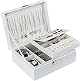 Leerweii Jewellery Box for Women Girls, 2-Layer PU Leather Jewellery Organiser with 2 Watch Pillows Travel Jewellery Box with Removable Tray for Earrings Rings Necklaces Watches Bracelets, White