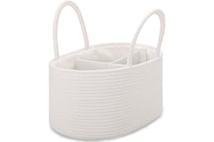 COMSE Large Nappy Caddy Organizer for Girl Boy, Baby Car Diaper Caddy with Handles, Cotton Rope Diaper Basket, Baby Shower Gifts Newborn Essentials Registry Must Have, White