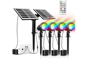MEIHUA Solarny reflektor RGB 4 sztuki RGB Solar lampa ogrodowa z pilotem zdalnego sterowania, wodoszczelność IP66, 12 kolorów, 2 tryby zmiany koloru, możliwość ściemniania, reflektor zewnętrzny RGB, do ogrodu, krzewów