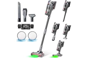 Linkifly 48kPa/600W/60Mins Aspiradora sin Cable A11, Escoba Aspiradora sin Cable con Luz LED Verde, Cepillo Antienredo, 3 Accesorios para Suelos/Alfombra/Pelos de Mascotas, Batería Desmontable