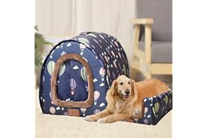 XPNIT Extra Large Jumbo Dog Bed House,Calming Dog Kennel with Curtain Foldable 2-In-1 Dog Sofa Cushion Warm Pet Shelter Washable (2XL-92 * 68 * 72cm,Pattern-H)
