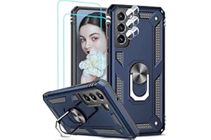 LeYi Etui do Samsung Galaxy S21 FE 5G (Nie S21) z 2 szkłem hartowanym i 2 ochroną kamery, wojskowy uchwyt pierścieniowy antyupadkowy zderzak sztywny pancerz etui do Samsung S21 FE niebieskie