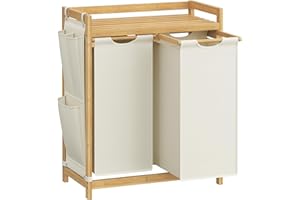 SONGMICS kosz na bieliznę 2 przegródki, bambus, kosz 100 L, z półką, torba na pranie, małe przegródki boczne, stojak na pranie, 2 x 50 L, 63 x 33 x 78 cm, kremowo-biały RLH100W01