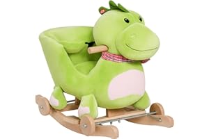 HOMCOM Cavallo a Dondolo con Ruote, Cavalluccio a Dondolo a Forma di Drago per Bambini 18-36 Mesi, in Legno e Peluche Verde