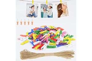 Furuising 150 Mini Mollette Legno, 2,5cm Colorate Naturali Mollettine Legno Piccole, con 10M Corda di Iuta e 5 Borchie per Decorazione Domestica e Artigianale Visualizzazione di Foto