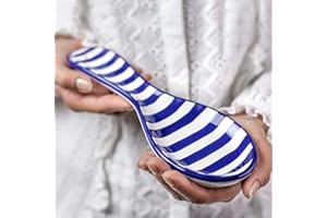 City to Cottage | Repose cuillère | à rayures bleu marine et blanches en céramique fait et peint à la main