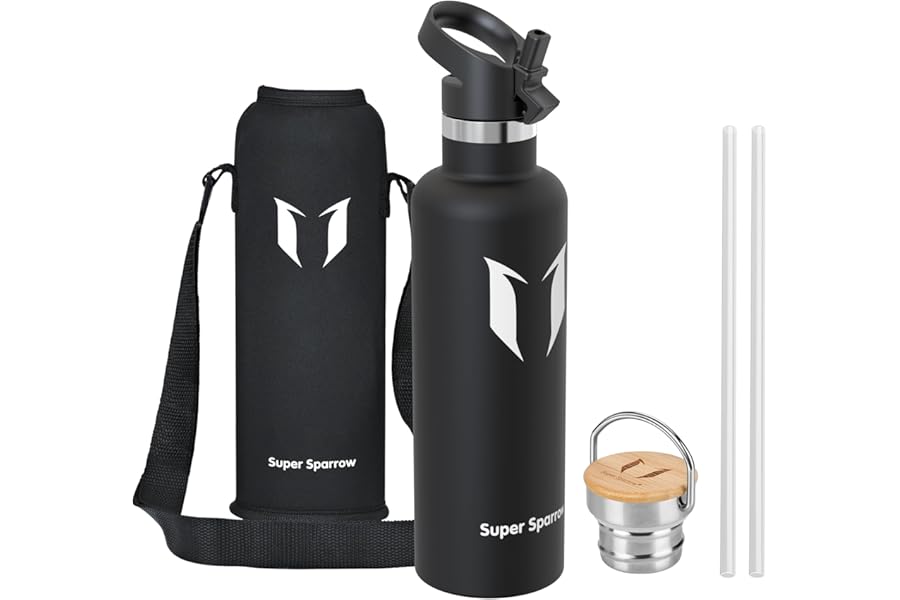 Super Sparrow Water Bottle Stainless Steel - 500ml/750ml/1L- Insulated Metal Water Bottles - Standard Mouth Flask - BPA Free - Straw Bottle for Work, Gym, Sports - 2 Lids
