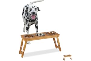 Relaxdays Comedero Bebedero Perros Napfständer, mittelgroße Hunde, für Wasser & Futter, höhenverstellbar und faltbar, HxBxT 31x70x23 cm, Natur, 60% Bambus 40% Edelstahl, 3 Näpfe, 1 Stück