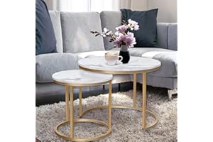 HEYZOEY Round Coffee Tables, Removable Set of 2 End Table, Nesting Tables with Gold Metal Frame Legs and Marble White Top for Living Room, Bedroom, Office, Balcony, Apartment (White)
