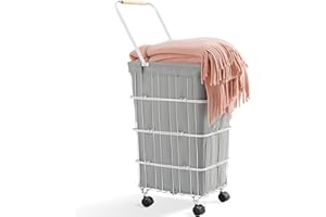 APEXCHASER Laundry Hamper, Large Laundry Basket with Wheels and Handle, Metal Frame Clothes Hamper for Bedrooms, Tall Laundry Bin with Cloth Covers, Grey