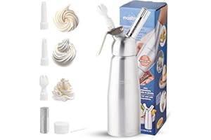 MASTRAD - F49314 - Siphon 0,5L en Aluminium Anodisé - Mousse, Chantilly, Sauces, Espumas - Piston Inox Démontable - 3 Douilles Décoratives & Brosse de Nettoyage Incluses, Acier