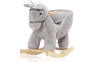ARKYOMI Caballito Balancín con Manillar y Reposapiés, Mecedora Animal de Balancin de Peluche, Caballo Juguete Balancín para Bebés de 6 Meses a 3 Años con Cinturón de Seguridad, Gris