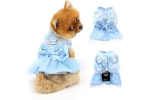 PAIDEFUL Dog Dress,Luxury Bow Princess Tutu Dresses for Girl Dogs Cute Fashion Mesh Pet Skirt with Sequins Flower Cat Puppy Clothes Wedding Party Outfits Chihuahua Apparel Button up D-ring,Blue,S
