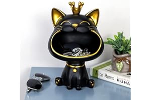 BOMKRA Key Bowl for Entryway Table, Lucky Cat Statue Candy Dish for Office Desk Art Home Decor (A - Black)