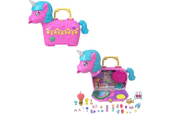 Polly Pocket Les licornes font la fête Coffret et poupées avec animaux de compagnie et plus de 25 accessoires surprises, ballade en montgolfière, HYD96