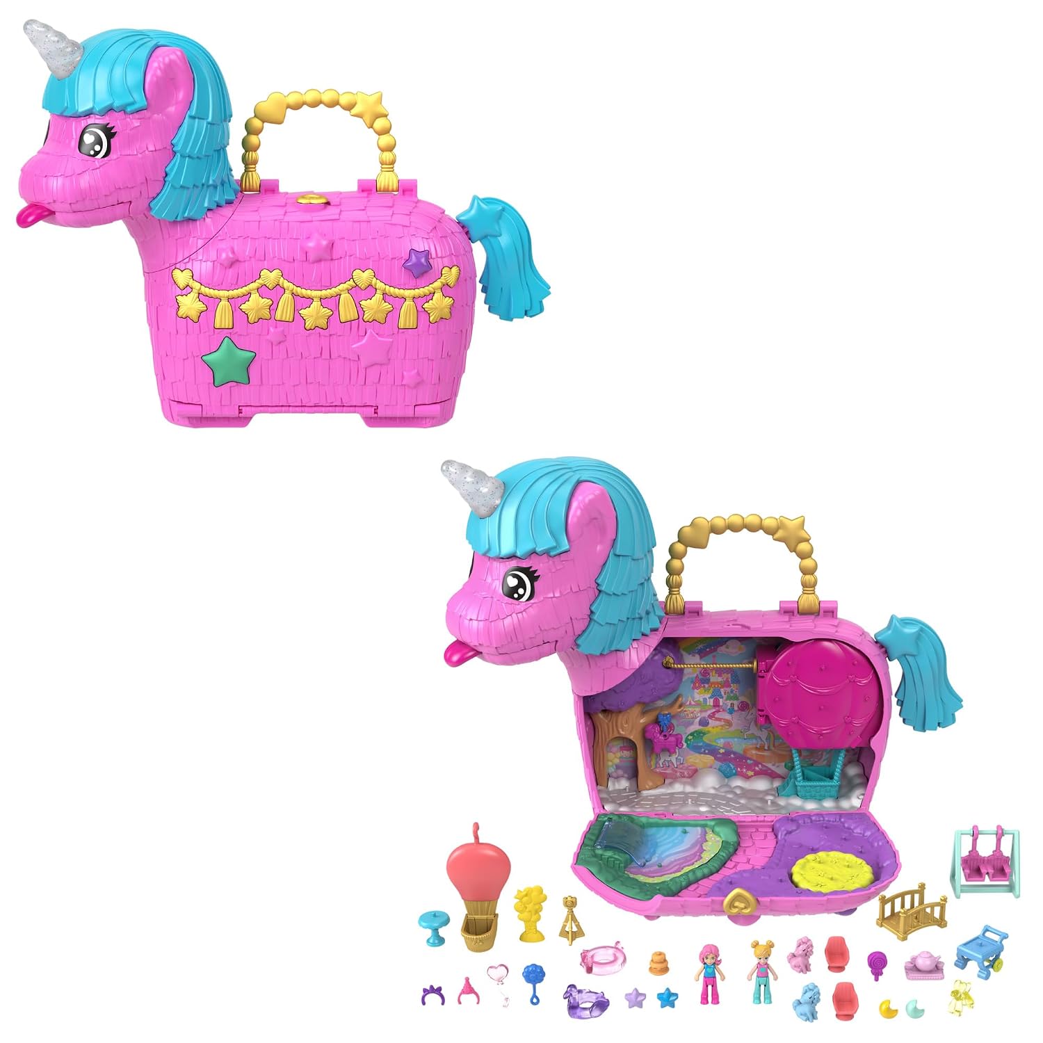 Polly Pocket Festa di compleanno unicorno playset | HYD96 - Micro bambola e set da gioco, 25+ accessori a sorpresa, piñata e festa a tema