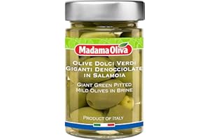 MADAMA OLIVA, Olive Verdi Dolci Denocciolate in Salamoia dal Colore Verde Intenso e dal Gusto Tipico, Senza Conservanti Aggiunti, 100% Vegetale, Vaso in Vetro da 300 gr