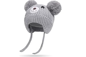 Atsmoce® Gorros de Otoño e Invierno para Bebé Gorro de Punto con Forro Polar Gorro Cálido con Orejeras y Cintas Apto para niños de 3 Meses a 5 años