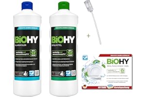 BiOHY Set di pulizia | Liquido di lavaggio bottiglia da 1 litro | Linguette per lavastoviglie 60 pezzi | Brillantante bottiglia da 1 litro | incluso il dosatore | (Reinigungs-Set)