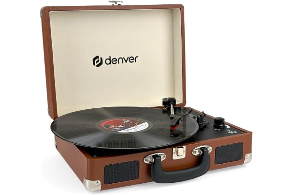 Tourne-Disque Vinyle Vintage Marron - DENVER VPL-120 - Platine avec Enceinte intégrée - 3 Vitesses 33/45/78 Tours - Enregistrement USB vers PC - Lecteur rétro Valise