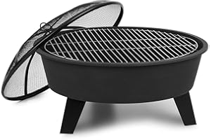 Blumfeldt Nolana - Brasero Exterior 2 en 1, Barbacoa Jardin 73cm ø, Hoguera Exterior Protectora de chispas, Parrilla 64 cm, FireView, Hierro Fundido, Acero Revestido, Atizador y Parrilla, Negro