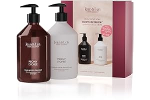 Jean & Len Body Ceremony Peony & Lychee presentset, vegan | Med Hand & Body Cleanser och Hand & Body Balm, milt blommig doft, FSC-certifierad förpackning