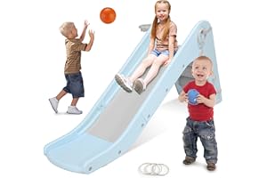 ‎MAMIZO Kinderrutsche Rutsche Indoor ab 2 Jahr, 190CM Kinder Rutsche mit Basketballkorb und Zwinge, Treppenrutsche, Kunststoff Gartenrutsche, Outdoor Rutsche für Kinder Spielplatz, Blau-Grau