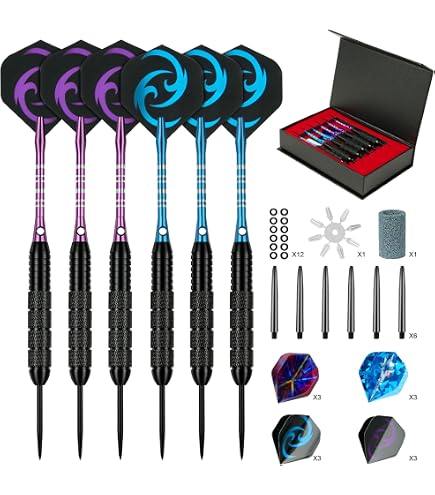 Jeu de fléchettes professionnelles à pointe métallique avec 6 fléchettes de 22g, 6 joints toriques en caoutchouc, 6 tiges en aluminium et 6 tiges en plastique avec 2 couleurs, 12 ailettes standard
