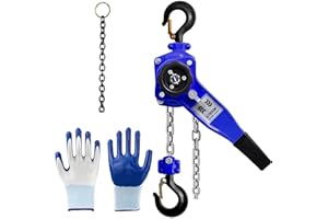 Vocpy Mini Chain Hoist 3/4 Ton 6m/20ft, Blue Heavy Duty Hooks,Block and Tackle Pulley System, Manual lever chain hoist with Chain, Hook and gloves for Garages Warehouse Automotive Machinery