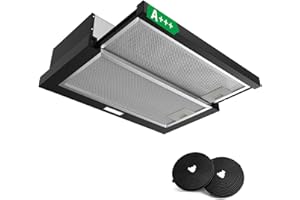 KICHPOWER Hotte Tiroir Téléscopique 60cm, Hotte Aspirante Integrée, 400 m³/h, Classe A+++, 60 dB, 2 Vitesses, Éclairage LED, Recyclage ou Évacuation, 2 Filtres à Charbon Inclus, Noir