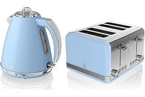 Swan Retro Kitchen Set, 1.5L Fast Boil Kettle & 4 Slice Toaster, Blue, SK19020BLN, ST19020BLN