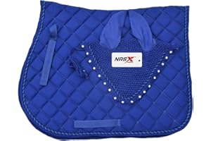 NASX SPORTS Saddle Pads with Matching Diamante Set Fly Veil Bonnet Ear bonnet Padded Numnah (PONY, Royal Blue)